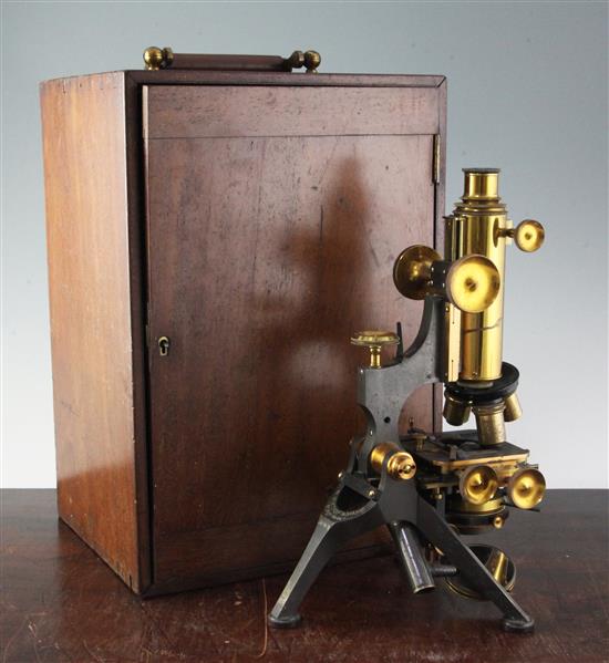 A W. Watson & Sons lacquered brass monocular microscope,